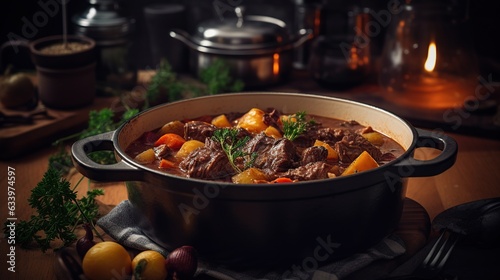 hearty beef stew, cooked with root vegetables and served in a cast-iron pot