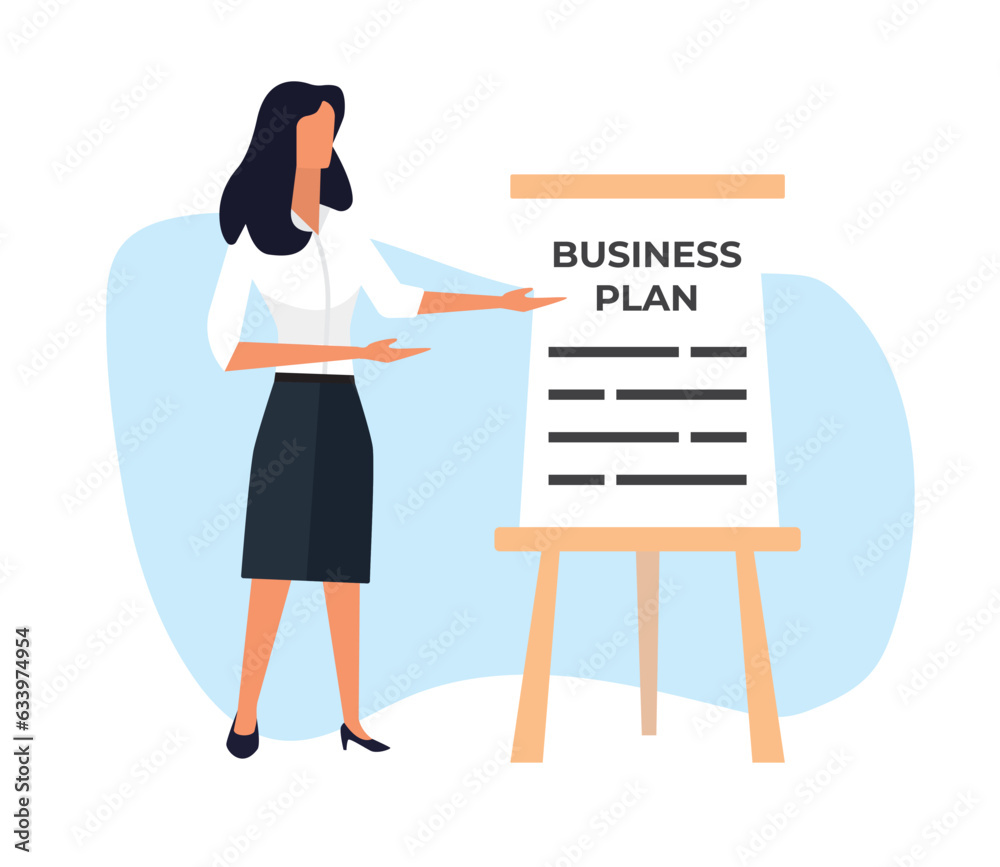 businesswoman presenting plan. female lady cartoon character showing statistics economic research graph, minimalistic syle. vector cartoon concept illustration.