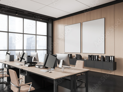 Office interior with table and computer, panoramic window. Mockup frames © ImageFlow