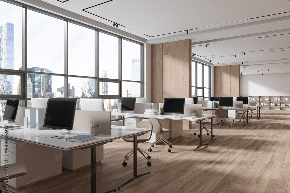 White and wooden open space office corner with partitions White and wooden open space office corner with partitions