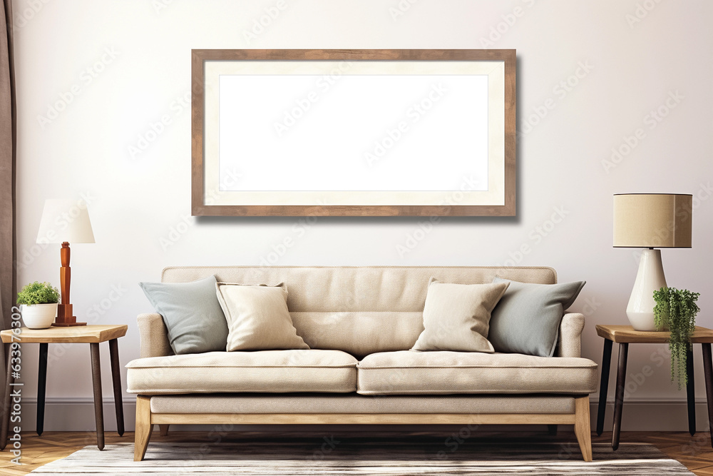 Horizontal picture frames with passe-partout mockup in living room interior, blank copyspace, light tones, poster mock-up. Generative AI Horizontal picture frames with passe-partout mockup in living room interior, blank copyspace, light tones, poster mock-up. Generative AI
