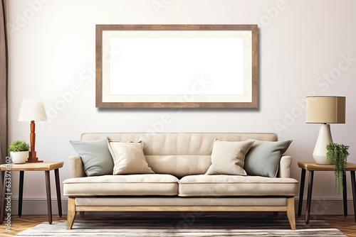 Horizontal picture frames with passe-partout mockup in living room interior, blank copyspace, light tones, poster mock-up. Generative AI