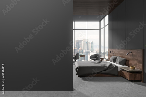 Photography Grey home bedroom interior with bed and panoramic window, mock up wall