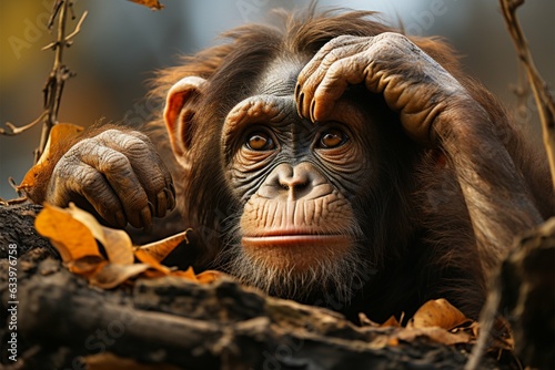 Chimpanzees sorrowful countenance hints at its underlying feelings of sadness and dejection Generative AI photo