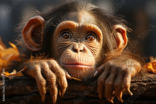 Chimpanzees sorrowful countenance hints at its underlying feelings of sadness and dejection Generative AI photo