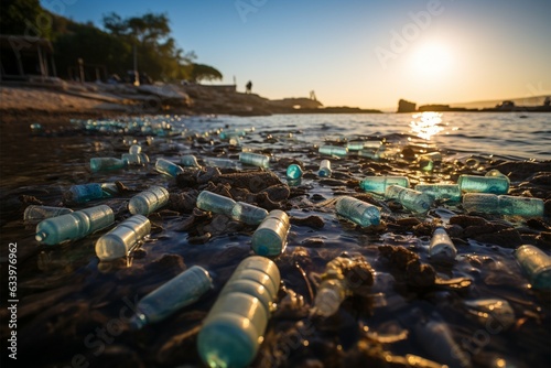 Coastal area strewn with plastic bottles and waste, portraying consequences of beach pollution Generative AI © Jawed Gfx