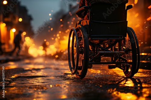 Disabled persons hands on wheelchair wheels  symbolizing empowerment and perseverance Generative AI