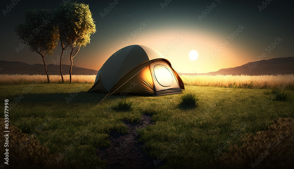 tent in the field at sunset, Generative AI.