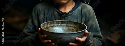 Hungry child holds empty bowl, highlighting food insecurity Generative AI photo