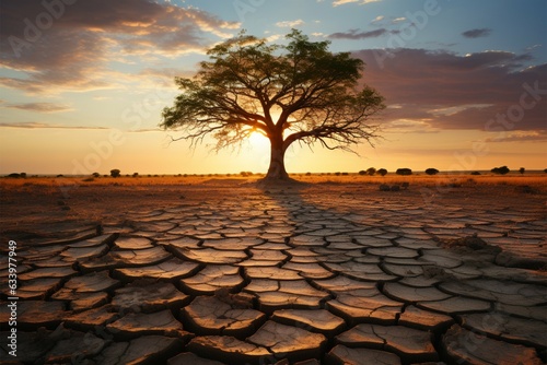 Iconic tree on cracked soil embodies climate crisis, global warming induced water scarcity Generative AI