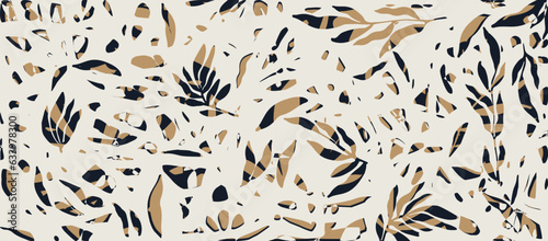 Simple vector background with scattered abstract dark and brown leaves, flowers and other botanical elements. Random cutout tropical foliage collage, ornamental texture, cute decorative pattern