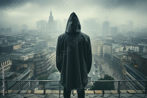 Man in hood stands aloof on rooftop, face concealed, blank space emphasizing anonymity Generative AI photo