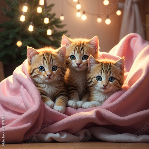 A group of adorable kittens cuddled up together in a cozy blanket fort  art © Lahiru
