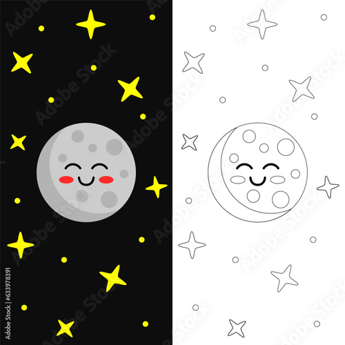 This is a cute illustration of a moon in the sky at night and next to it is a black-and-white version to color