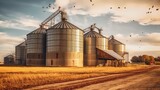 grain silos in the golden field background