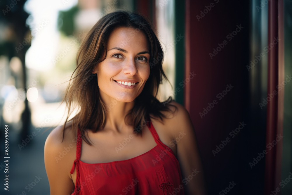 portrait d'une femme de 30-35 ans, souriante, regard malicieux, pétillante, brune cheveux mi-long, robe rouge - obrazy, fototapety, plakaty 