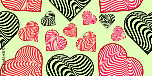Love symbol wave line hearts seamless pattern - red, black and pink. Optical illusion hearts on a olive background. Impossible shapes. Vector illustration.