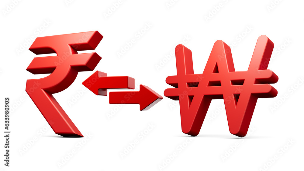 Obraz premium 3d Red Rupee And Won Symbol Icons With Money Exchange Arrows On White Background 3d illustration