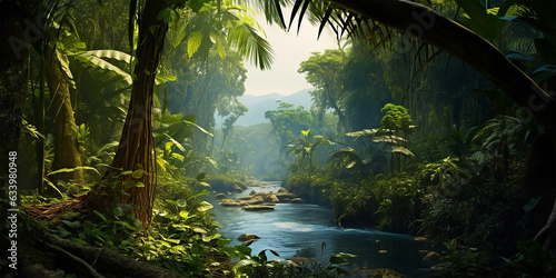 Panorama of dense jungle  wild forest with palm trees and tropical plants  With a sense of wilderness  exploration  and the untouched beauty of nature