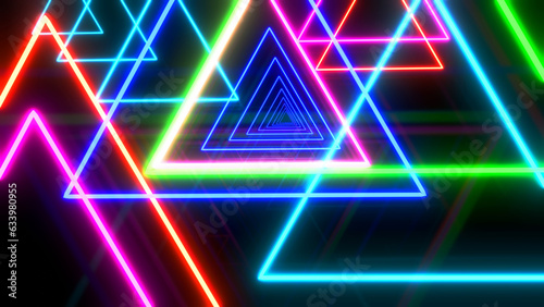 Abstract background multicolored triangles, neon glow colors.
