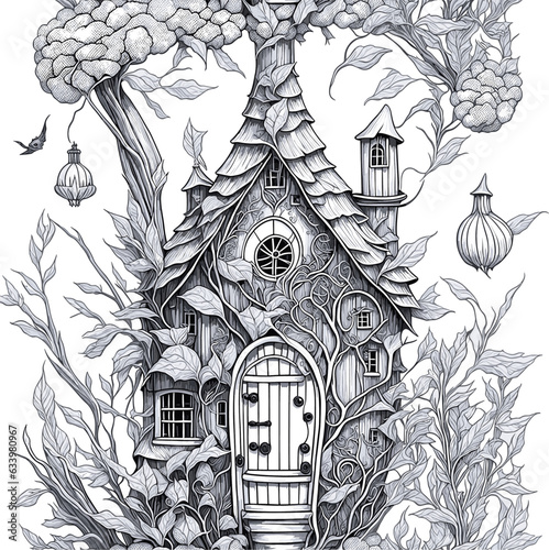 Black and white funny fairy house, halloween cute house isolated, coloring book page illustration.