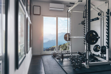 Fotobehang Fitness Thuisgym met uitzicht op bergen  © Quality Stock Arts