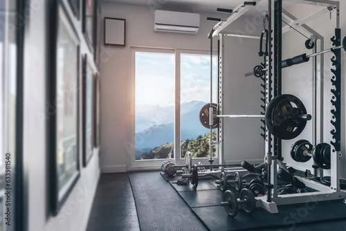 Panel kuchenny z motywem Cozy personal gym sport fitness weightlifeting room with beautiful mountain hill windows nature view