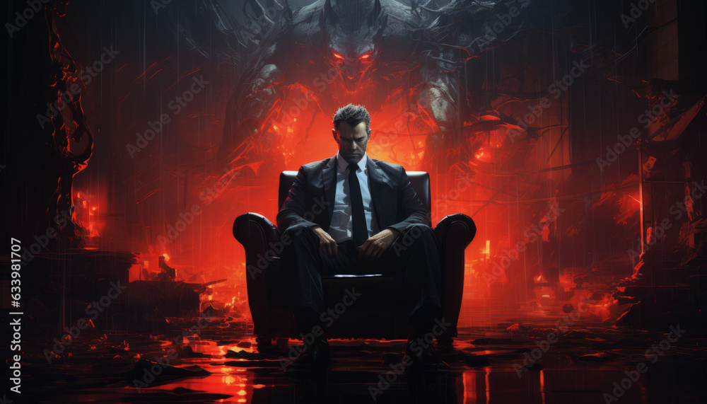 A business man the devil or satan sits in a dark office with horns, the man sold his soul to the evil forces of hell. Made in AI. - obrazy, fototapety, plakaty 
