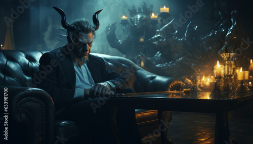 A business man the devil or satan sits in a dark office with horns, the man sold his soul to the evil forces of hell. Made in AI.