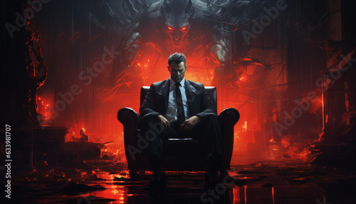 A business man the devil or satan sits in a dark office with horns, the man sold his soul to the evil forces of hell. Made in AI. photo