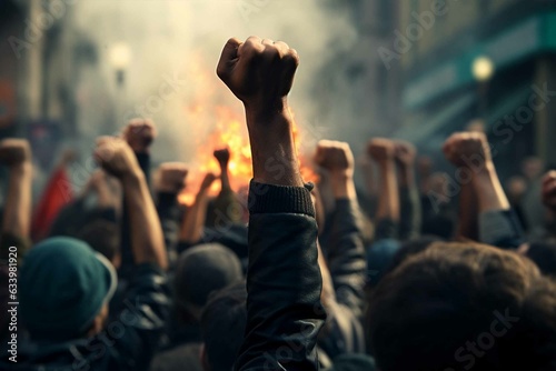 Raised fists in large angry protest riot crowd of people