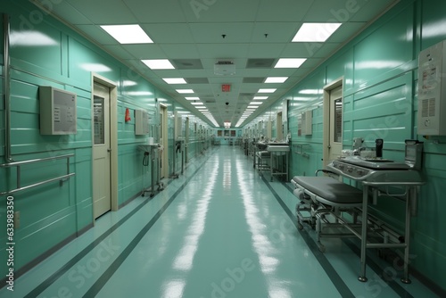 Empty hallway in medical facility  a quiet pathway amidst dormant patient rooms Generative AI