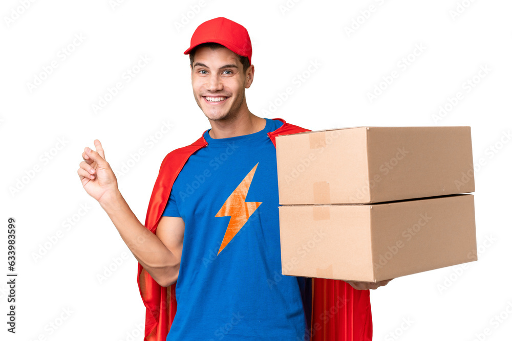 Super Hero delivery man over isolated background pointing finger to the side Super Hero delivery man over isolated background pointing finger to the side