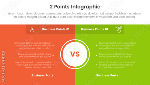 versus or compare and comparison concept for infographic template banner with fullpage box background and big circle center with two point list information