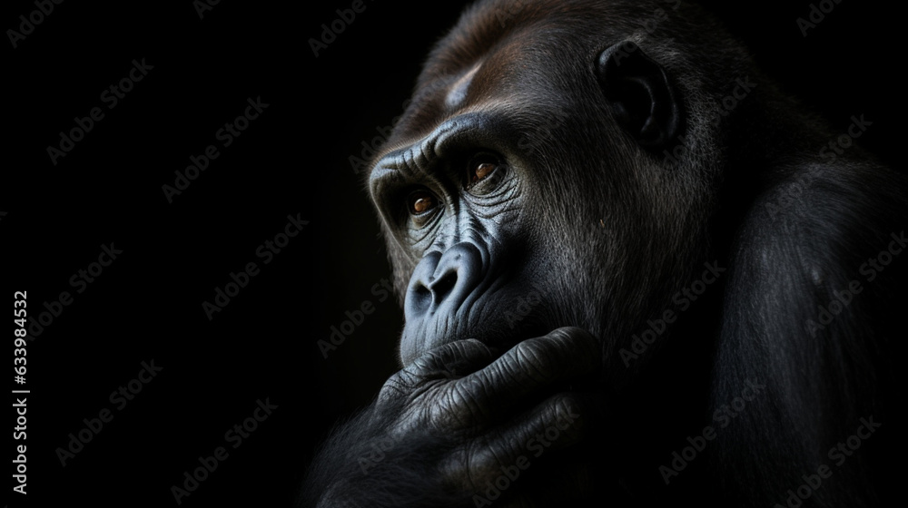 A gorilla sitting and thinking