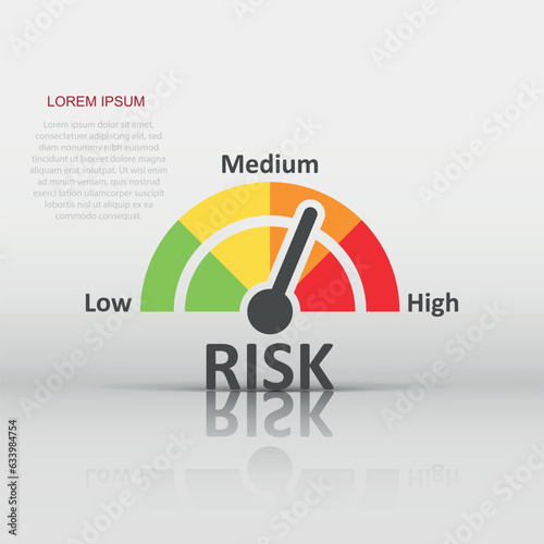 Risk meter icon in flat style. Rating indicator vector illustration on white isolated background. Fuel level sign business concept.