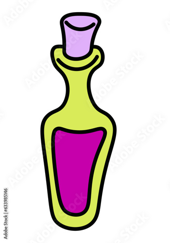 Cartoon halloween perfume bottle. Green and purple poisoning drink. for kids stickers and holidays