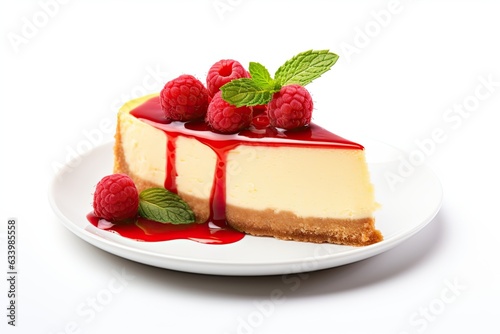 Slice of classical cheesecake with raspberries and berry sauce on white plate isolated on white background