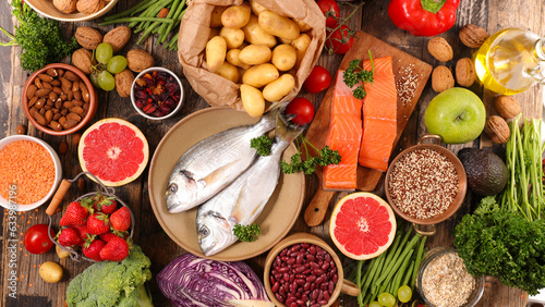 Fototapeta Naklejka Na Ścianę i Meble -  diet food concept- fish, fruit and vegetable composition