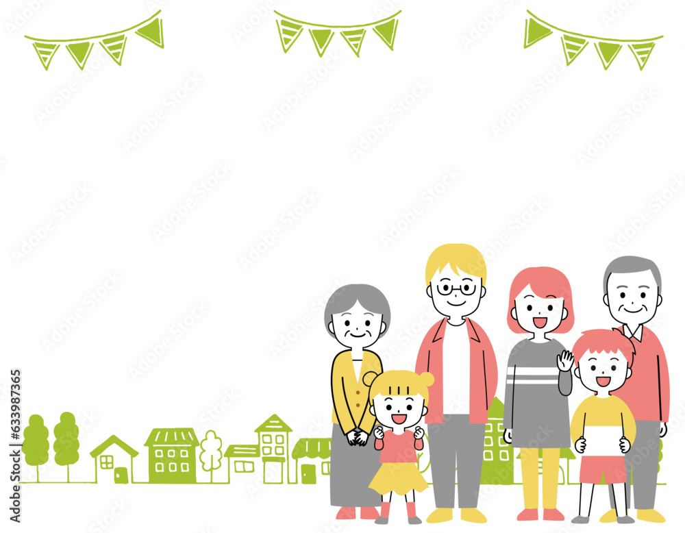 Fototapeta premium 三世代の家族とシンプルで可愛い街並みのフレームイラスト シンプル