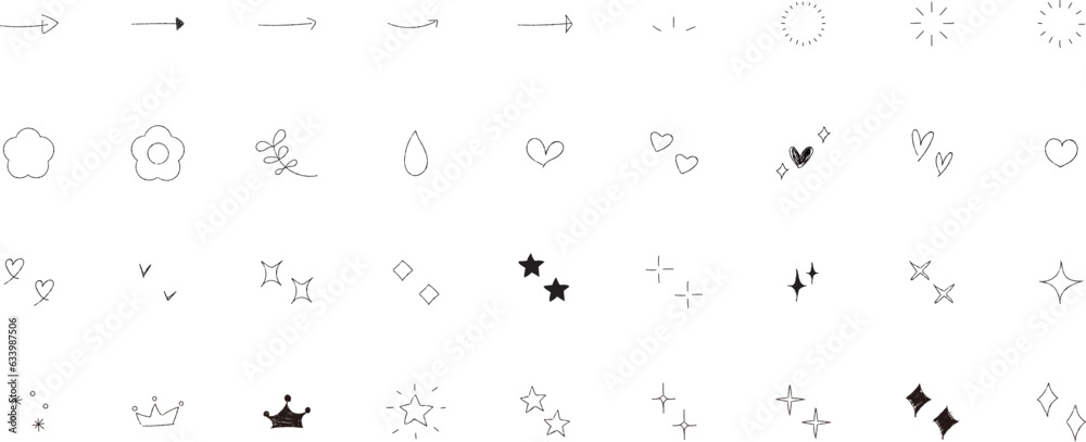 イラスト素材:かわいい手書きのあしらいセット(キラキラ・ハート・花・矢印・太陽) イラスト素材:かわいい手書きのあしらいセット(キラキラ・ハート・花・矢印・太陽)
