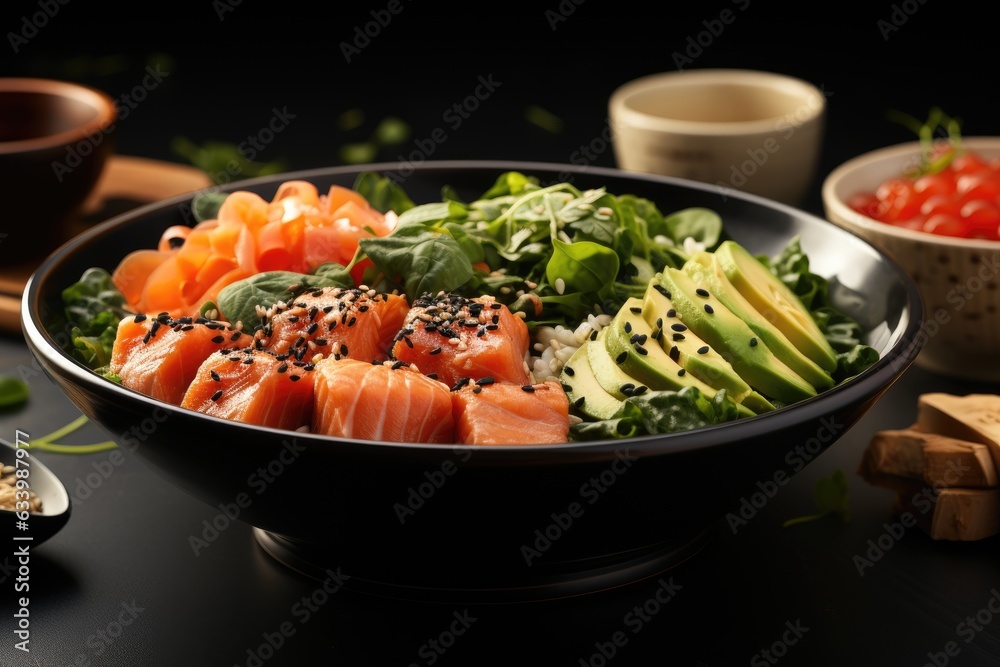 Poke Bowl with salmon, avocado and greens. Hawaiian cuisine. Generative AI Poke Bowl with salmon, avocado and greens. Hawaiian cuisine. Generative AI