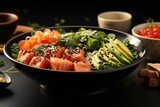 Poke Bowl with salmon, avocado and greens. Hawaiian cuisine. Generative AI