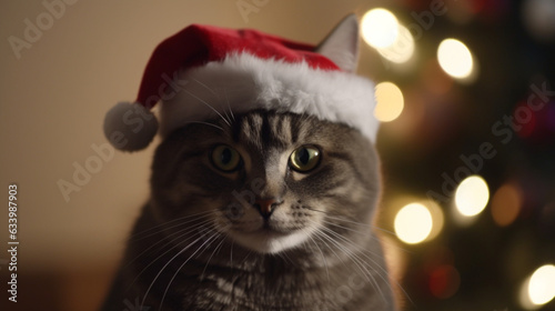 A cat wearing a christmas hat
