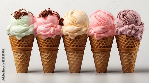 Set of Ice cream cones with different flavors, isolated on transparent