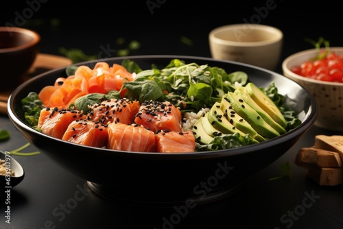 Poke Bowl with salmon, avocado and greens. Hawaiian cuisine. Generative AI