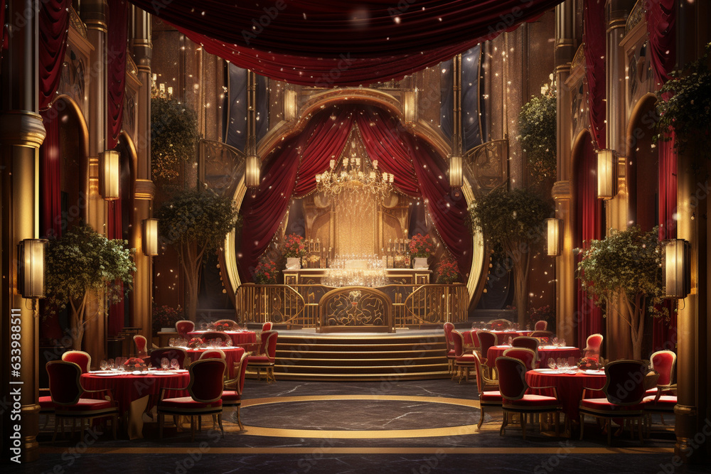 Design a theatrical-themed restaurant with dramatic curtains, ornate gold details, and a stage for live performances, providing guests with dinner and a show.