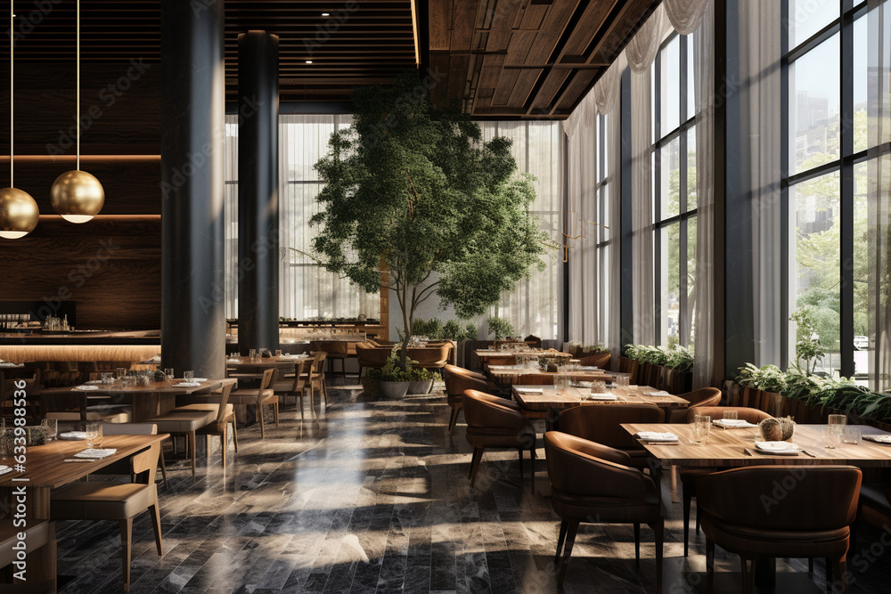 Create an upscale, modern restaurant with floor-to-ceiling windows, letting natural light bathe the space, adorned with dark wooden accents, marble tabletops, and brass fixtures.