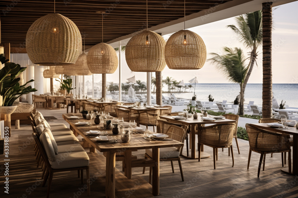 Capture the essence of a beachfront restaurant with a coastal-inspired design, incorporating teak wood flooring, wicker furniture, and large glass panels overlooking the sea.
