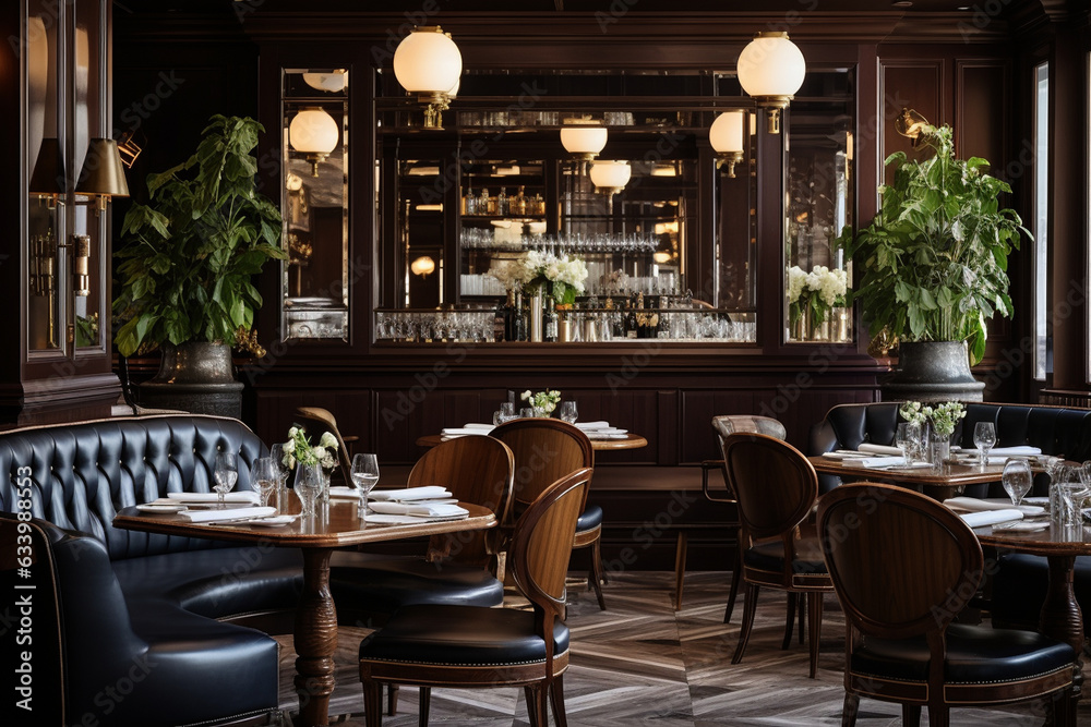 Design an elegant French bistro with dark mahogany paneling, vintage art deco light fixtures, and plush velvet banquettes, invoking the charm of Parisian cafes.